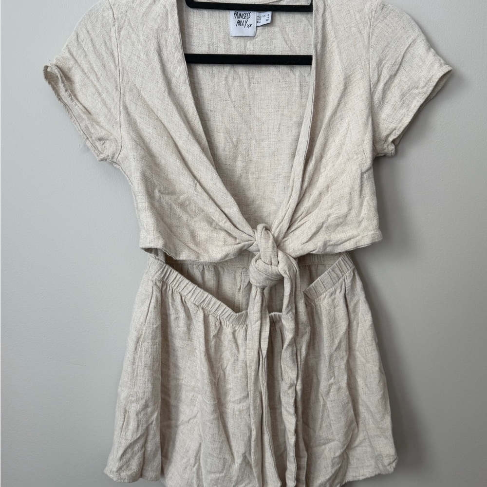 Princess Polly Linen Tie Front Romper | Beige | Size US 4 - Picture 1 of 4